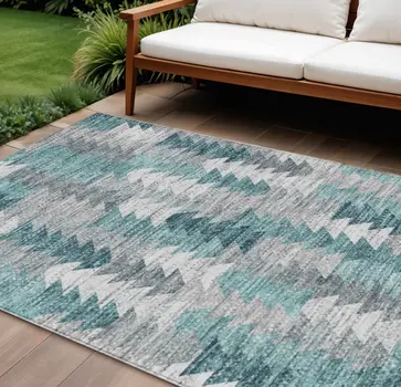 9' X 12' Dark Blue Aqua And Gray Geometric Washable Indoor Outdoor Area Rug