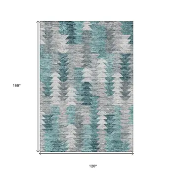 10' X 14' Dark Blue Aqua And Gray Geometric Washable Indoor Outdoor Area Rug