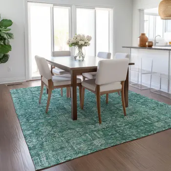 3' X 5' Dark Green And Aqua Oriental Washable Indoor Outdoor Area Rug