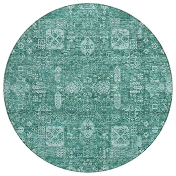 8' Dark Green And Aqua Round Oriental Washable Indoor Outdoor Area Rug