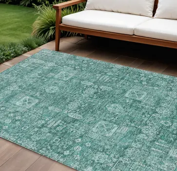 8' X 10' Dark Green And Aqua Oriental Washable Indoor Outdoor Area Rug