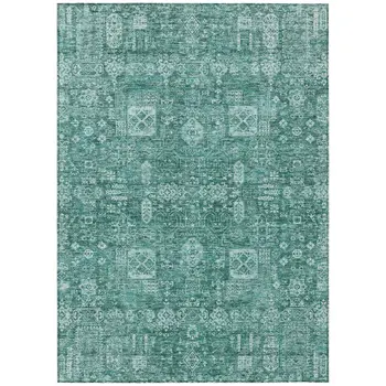8' X 10' Dark Green And Aqua Oriental Washable Indoor Outdoor Area Rug
