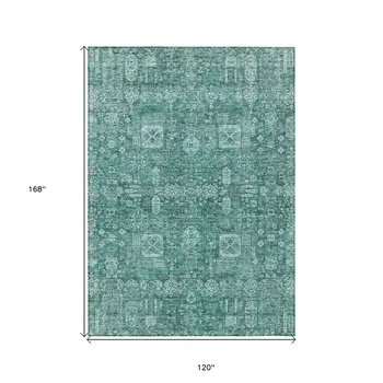 10' X 14' Dark Green And Aqua Oriental Washable Indoor Outdoor Area Rug