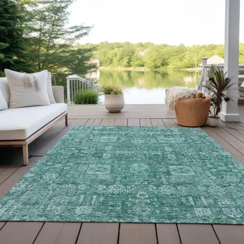 10' X 14' Dark Green And Aqua Oriental Washable Indoor Outdoor Area Rug