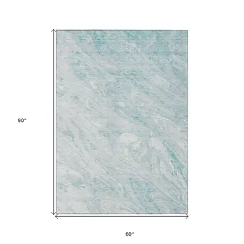 5' X 8' Aquamarine Aqua And Ivory Abstract Washable Indoor Outdoor Area Rug