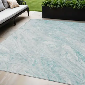 5' X 8' Aquamarine Aqua And Ivory Abstract Washable Indoor Outdoor Area Rug