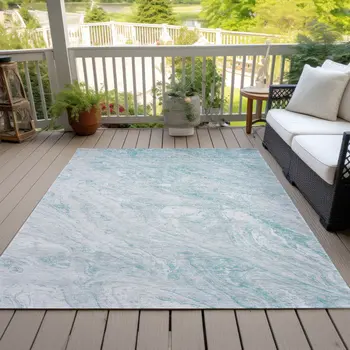 5' X 8' Aquamarine Aqua And Ivory Abstract Washable Indoor Outdoor Area Rug