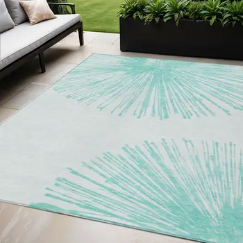5' X 8' Aquamarine And Ivory Abstract Washable Indoor Outdoor Area Rug