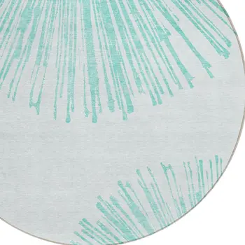 8' Aquamarine And Ivory Round Abstract Washable Indoor Outdoor Area Rug