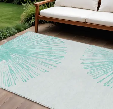 9' X 12' Aquamarine And Ivory Abstract Washable Indoor Outdoor Area Rug