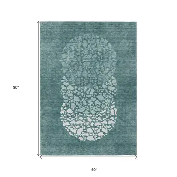 5' X 8' Dark Green Aqua And Ivory Abstract Washable Indoor Outdoor Area Rug