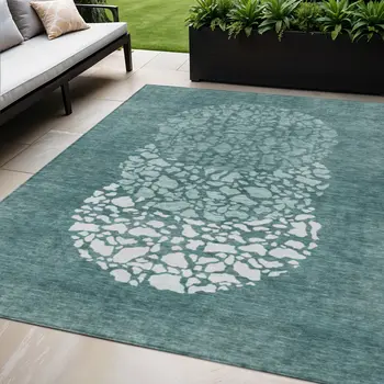 5' X 8' Dark Green Aqua And Ivory Abstract Washable Indoor Outdoor Area Rug