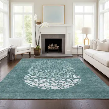 5' X 8' Dark Green Aqua And Ivory Abstract Washable Indoor Outdoor Area Rug