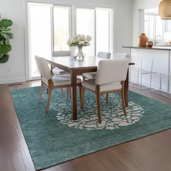 5' X 8' Dark Green Aqua And Ivory Abstract Washable Indoor Outdoor Area Rug
