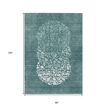 8' X 10' Dark Green Aqua And Ivory Abstract Washable Indoor Outdoor Area Rug