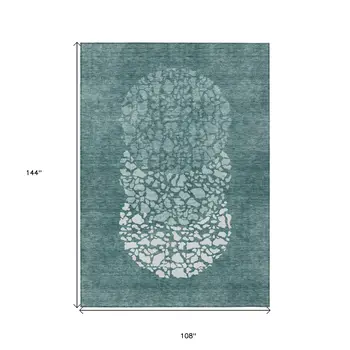 9' X 12' Dark Green Aqua And Ivory Abstract Washable Indoor Outdoor Area Rug
