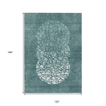 10' X 14' Dark Green Aqua And Ivory Abstract Washable Indoor Outdoor Area Rug
