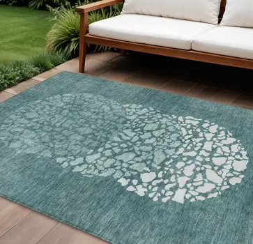10' X 14' Dark Green Aqua And Ivory Abstract Washable Indoor Outdoor Area Rug