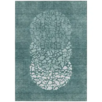 10' X 14' Dark Green Aqua And Ivory Abstract Washable Indoor Outdoor Area Rug