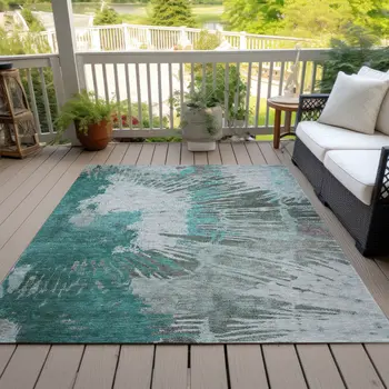 5' X 8' Dark Green Aqua And Gray Abstract Washable Indoor Outdoor Area Rug