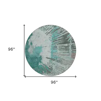 8' Dark Green Aqua And Gray Round Abstract Washable Indoor Outdoor Area Rug
