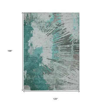 10' X 14' Dark Green Aqua And Gray Abstract Washable Indoor Outdoor Area Rug
