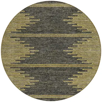 8' Dark Gray And Gold Round Abstract Washable Indoor Outdoor Area Rug