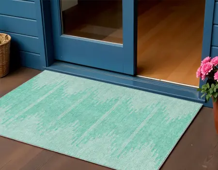 3' X 5' Aquamarine And Ivory Abstract Washable Indoor Outdoor Area Rug