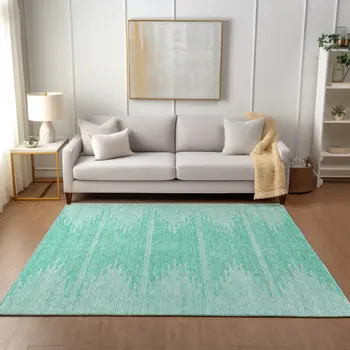 3' X 5' Aquamarine And Ivory Abstract Washable Indoor Outdoor Area Rug