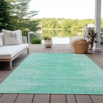 5' X 8' Aquamarine And Ivory Abstract Washable Indoor Outdoor Area Rug