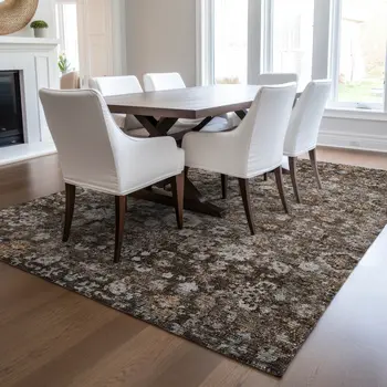 3' X 5' Dark Brown Brown And Taupe Oriental Washable Indoor Outdoor Area Rug