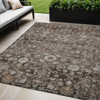 5' X 8' Dark Brown Brown And Taupe Oriental Washable Indoor Outdoor Area Rug