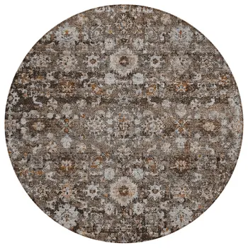 8' Dark Brown Brown And Taupe Round Oriental Washable Indoor Outdoor Area Rug