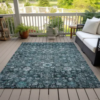 3' X 5' Dark Green Aqua And Charcoal Oriental Washable Indoor Outdoor Area Rug