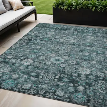 5' X 8' Dark Green Aqua And Charcoal Oriental Washable Indoor Outdoor Area Rug