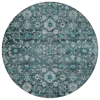 8' Dark Green Aqua And Charcoal Round Oriental Washable Indoor Outdoor Area Rug