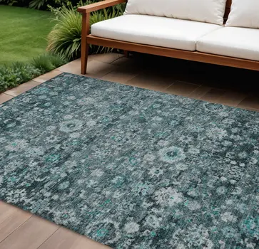 8' X 10' Dark Green Aqua And Charcoal Oriental Washable Indoor Outdoor Area Rug
