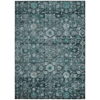 9' X 12' Dark Green Aqua And Charcoal Oriental Washable Indoor Outdoor Area Rug
