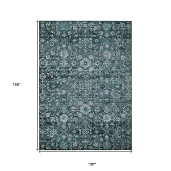 10' X 14' Dark Green Aqua And Charcoal Oriental Washable Indoor Outdoor Area Rug