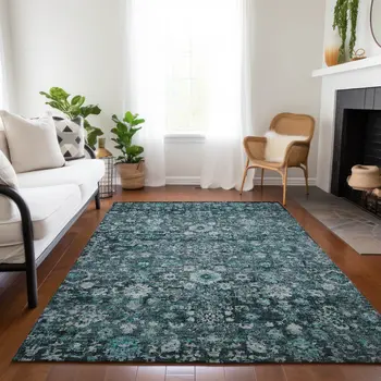10' X 14' Dark Green Aqua And Charcoal Oriental Washable Indoor Outdoor Area Rug