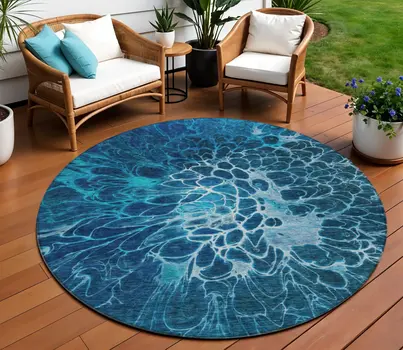 8' Navy Blue And Sky Blue Round Abstract Washable Indoor Outdoor Area Rug