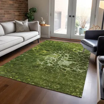 3' X 5' Olive Green And Sage Abstract Washable Indoor Outdoor Area Rug