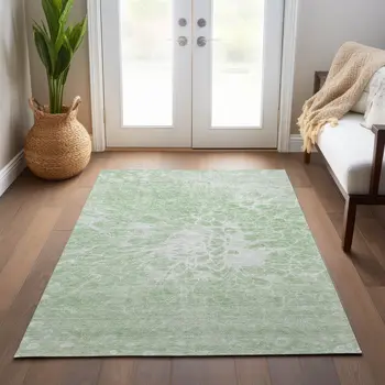 9' X 12' Mint Green And Ivory Abstract Washable Indoor Outdoor Area Rug