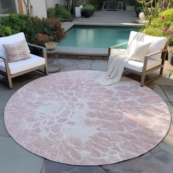 8' Pink Blush And Ivory Round Abstract Washable Indoor Outdoor Area Rug