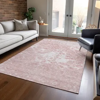 10' X 14' Pink Blush And Ivory Abstract Washable Indoor Outdoor Area Rug