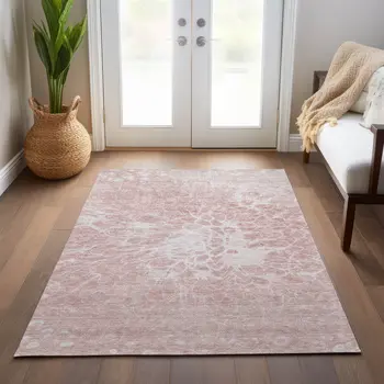 10' X 14' Pink Blush And Ivory Abstract Washable Indoor Outdoor Area Rug