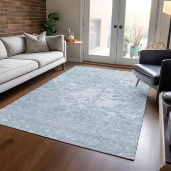 8' X 10' Sky Blue And Denim Blue Abstract Washable Indoor Outdoor Area Rug