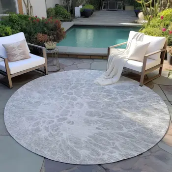 8' Silver And Gray Round Abstract Washable Indoor Outdoor Area Rug