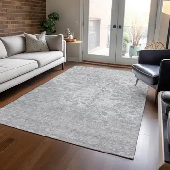 10' X 14' Silver And Gray Abstract Washable Indoor Outdoor Area Rug