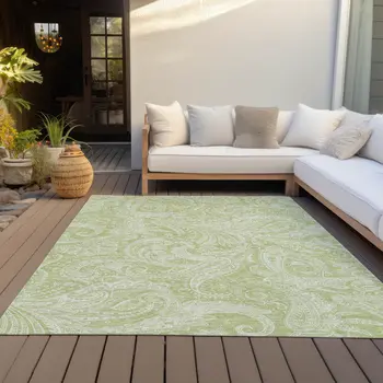 5' X 8' Green And Ivory Paisley Washable Indoor Outdoor Area Rug